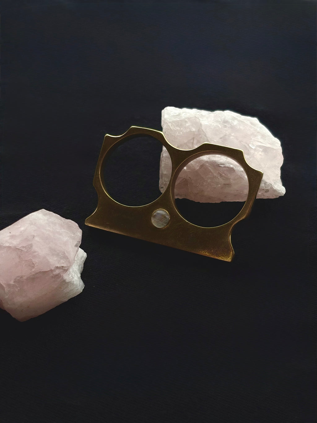 Metals - Self Defense Double Ring with inlaid moonstone
