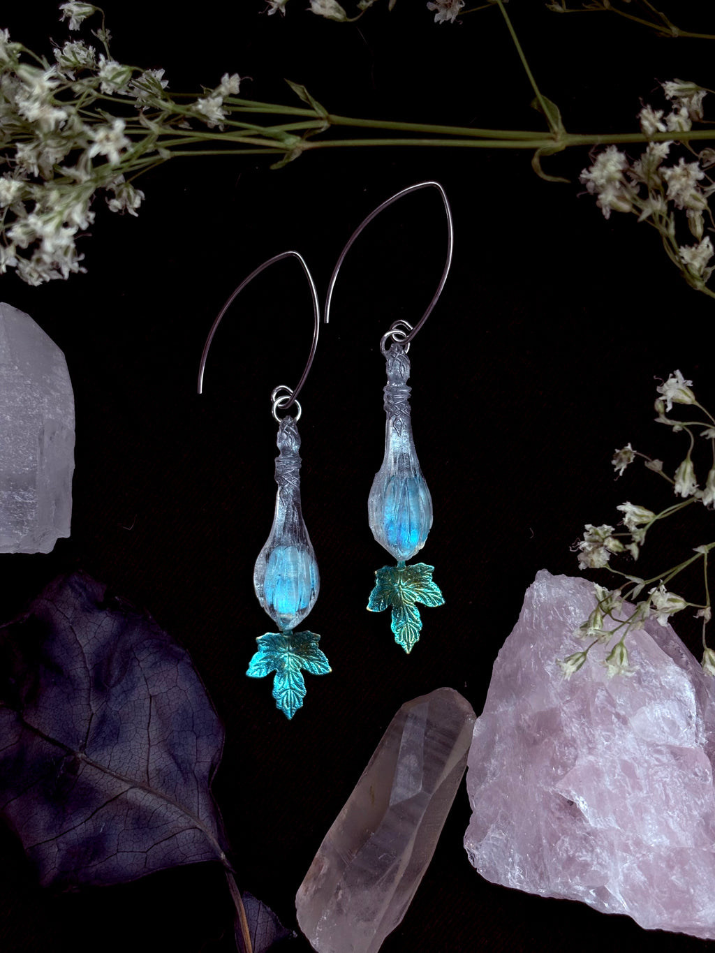 Resin - Phial of Galadriel + Mallorn leaves earrings PREORDER